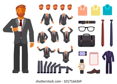 Smart businessman character creation set with various views, face emotions, poses and gestures in cartoon style. Flat vector illustration eps 10