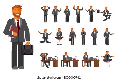 Smart businessman character creation set with various views, face emotions, poses and gestures in cartoon style. Flat vector illustration eps 10