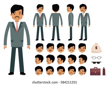 Smart businessman character creation set. Latinos man. Generator with emotions, moves, work attributes. Build your own design. Cartoon vector flat-style infographic illustration