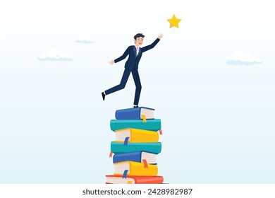 Smart businessman climb book stack to reach goal, learning or study help reach goal and success, knowledge and education for business challenge, motivation or ambition to learn new skill (Vector)