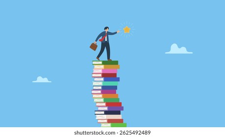 Smart businessman climb book stack to reach goal. Learning or study help reach goal and success, knowledge and education for business challenge, motivation or ambition to learn new skill.