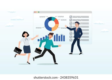 Smart businessman coaching with presentation to company employees, staff training, seminar or workshop to learn new skills, coaching or team discussion, business course, meeting or consulting (Vector)