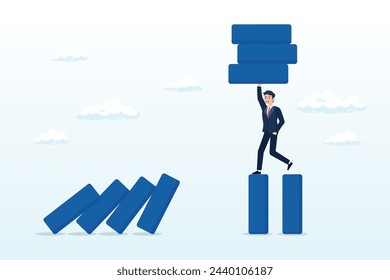 Intelligenter Geschäftsmann Unternehmensführer entfernen Domino, um Domino-Effekt Zusammenbruch zu stoppen, Risikomanagement, schützen Sie Unternehmen vor Katastrophen oder Krisen, Führung, um Geld, Problem und Versagen zu vermeiden (Vector)