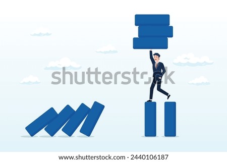 Smart businessman company leader remove domino to stop domino effect collapse, risk management, protect business from disaster or crisis, leadership to avoid losing money, problem and failure (Vector)