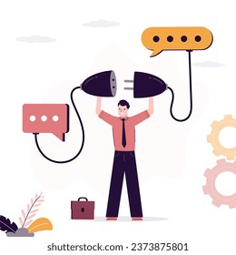 Smart businessman connect plugs between speech bubbles. Conversation, dialog. Communicate to solve problem, discussion or meeting to get new idea, collaboration or cooperate to success. Negotiations.