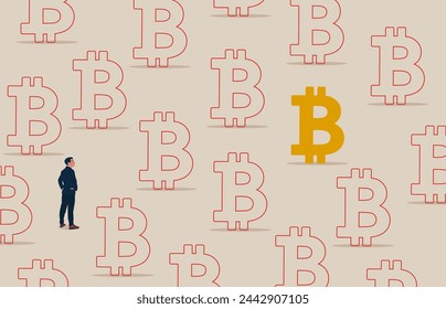 Smart businessman decides business, finding new bitcoin. Cryptocurrency earning and digital finance e-commerce. Opportunities, decisions, new ideas. Vector illustration concept.