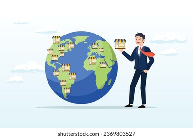 Smart businessman expand store fronts around the world, franchise business opportunity to start or expand store and shop, selling shop license or growing business to global and international (Vector)