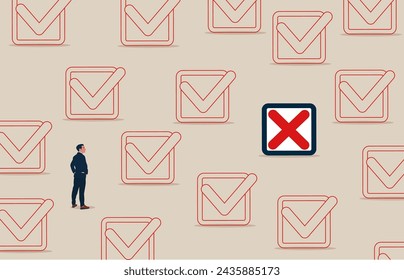 Smart businessman finding new cross checkbox. Rejection business investment. Modern vector illustration in flat style. 