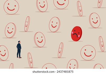 Intelligenter Geschäftsmann, der neue negative Gesichter findet, Emoji. Negative Einstellung. Moderne Vektor-Illustration im flachen Stil. 