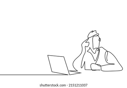 a smart businessman finds a new idea at the computer and thinks