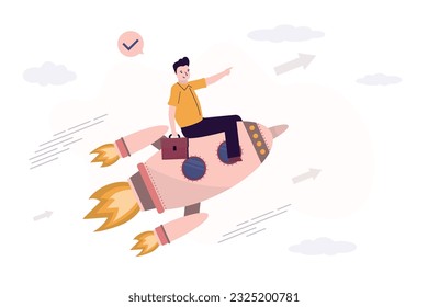 Smart businessman flying on rocket. Success in business and career concept. Startup development, new successful project launch. Entrepreneur riding in right way. Innovation in business. Flat vector