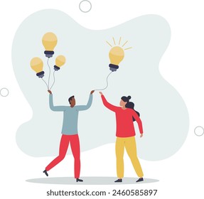 smart businessman giving lightbulb idea to young employee.flat vector illustration.
