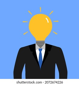 Smart businessman with glowing lightbulb head in flat design. Smart creative investor. Professional manager.