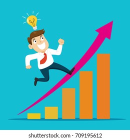 Smart businessman going up rising chart, illustration vector cartoon