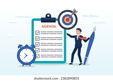 Smart businessman hold pen write meeting agenda with clock, meeting agenda, priority important task for discussion, objective or purpose to finish, planner or checklist for office work (Vector)