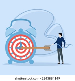 smart businessman holding bow after shooting bullseye target on alarm clock, Time management to finish work within deadline, productivity or efficiency to reach goal, project timeline concept.