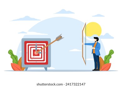 smart businessman holding bow after shooting target on alarm clock, Time management to complete work within deadline, productivity or efficiency to achieve goals, project timeline concept.