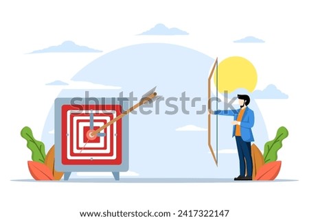 smart businessman holding bow after shooting target on alarm clock, Time management to complete work within deadline, productivity or efficiency to achieve goals, project timeline concept.