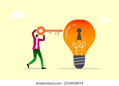 smart businessman holding golden key about to insert into key hold on lightbulb idea lamp, Unlock new business idea, invent new product or creativity concept.