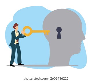smart businessman holding golden key to be inserted into lock held on human head silhouette