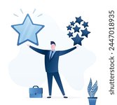 Smart businessman holding high quality stars versus other ordinary stars. Good reputation. Quality vs quantity, management to assure excellent work outcome, working attitude to deliver superior result