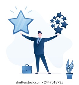 Hombre de negocios inteligente sosteniendo estrellas de alta calidad frente a otras estrellas ordinarias. Buena reputación. Calidad vs cantidad, gestión para asegurar un excelente resultado de trabajo, actitud de trabajo para ofrecer un resultado superior