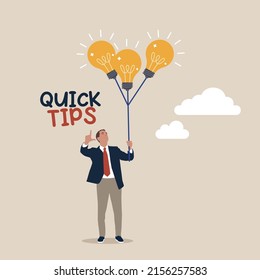 Smart Businessman Holding Lightbulb Ideas Balloon Telling Quick Tips. Quick Tips For Business, Useful Ideas Or Smart Trick To Success, Advice Or Suggestion Information For Improvement Concept.