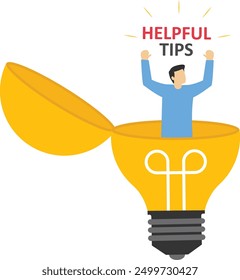 Smart businessman holding lightbulb ideas balloon telling helpful tips. Helpful tips for business, useful ideas or smart trick to success, advice or suggestion information for improvement concept.

