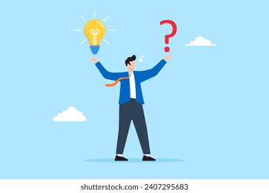 Smart businessman holding questions mark and light bulb solutions in flat design