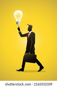 Smart businessman holding suitcase thinking and got bright lightbulb lamp on his finger
