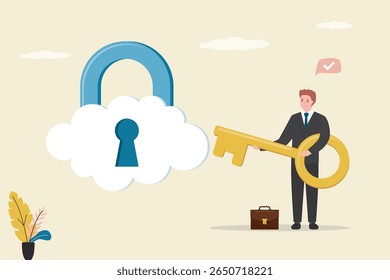 Smart businessman holds golden key from cloud with padlock. Cloud security system to protect information for remote work, secure technology for safety access online server. flat vector illustration