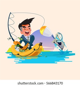 smart businessman hooking money banknote like a fish - vector illustration