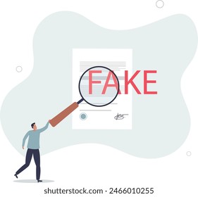 smart businessman inspector using magnifying glass to verify fake document.flat vector illustration.