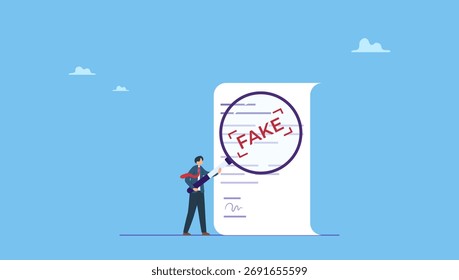 Smart businessman inspector using magnifying glass to verify fake document. Fake document, wrong information verification or fake news inspection, fraud and illegal reports.