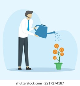 smart businessman investor finish watering money plant seed with coin flower. Financial growth or investment, increase profits and capital gains, success in wealth management concept.