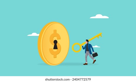 smart businessman investor holding big key to open coin keyhole, unlock secret gift for invest, key to investing or financial wealth, open to investment opportunities concept illustration flat style