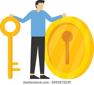 smart businessman investor holding big golden key to open coin keyhole, unlock secret gift for investment opportunity, wealth solution to make money and earn profit concept, Financial key success,

