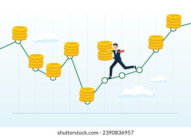 Intelligente Unternehmer, die Münzen halten, die auf jeden Monat gestellt werden, Geldstapel, Geldkonto, Dollar-Kostenmittelinvestitionsstrategie, um jeden Monat dieselbe Menge Geld zu setzen, um mehr Vermögen und Gewinn zu verdienen (Vektorgrafik)