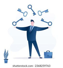 Smart businessman juggles keys. Secret method to achieve success, search for business development and growth strategy, get new opportunities, creative thinking to overcoming obstacles. Key to target.