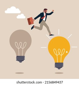 Smart businessman jump from old to new shiny lightbulb idea. Business transformation, change management or transition to better innovative company, improvement and adaptation to new normal concept.