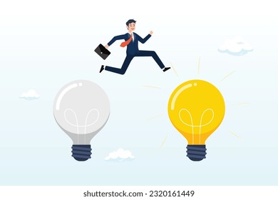 Smart businessman jump from old to new shiny light bulb idea, business transformation, change management or transition to better innovative company, improvement and adaptation to new normal (Vector)