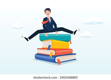 Smart businessman jump over high books stack, education or knowledge, challenge to read books or study new skill, wisdom or intelligence for career opportunity (Vector)