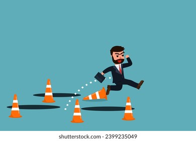 Smart businessman jump through many pitfalls to achieve business success. Obstacles and hardships. Courage to overcome mistakes or business failures. Problem-solving skills and creativity.