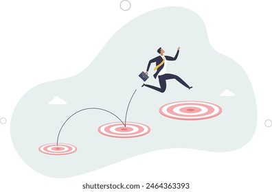 smart businessman jumping on bigger and higher archery bull's eye target.flat vector illustration.