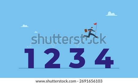 Smart businessman jumping on guideline number from 1 to 4. Step by step guide to success, business manual, instruction or guideline, process or improvement ladder, follow advice or lesson.