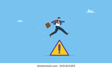 Smart businessman jumps over trouble sign in business crisis. Symbolizes avoid business trouble risk, smart thinking to overcome difficulty obstacle or emotional problem, solving problem.
