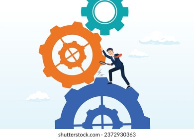 Smart businessman leader with magnifying glass to analyze cog wheels problem, analyze problem to fix the process, solving business issue for smooth workflow, project management or development (Vector)