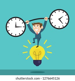Smart businessman lifting time clock weights over his head, illustration vector cartoon