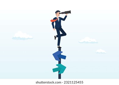Smart businessman look through spyglass or binoculars to discover solution, search for right direction, business opportunity or success way, make decision or career path, vision to see future (Vector)