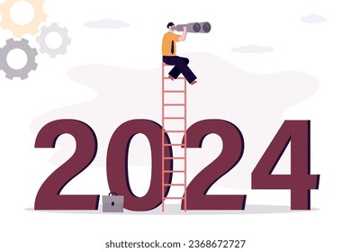 Smart businessman is looking through binoculars and sitting on ladder top above text 2024. Business trends for 2024, vision, forecast, searching for opportunities or leadership concept. flat vector